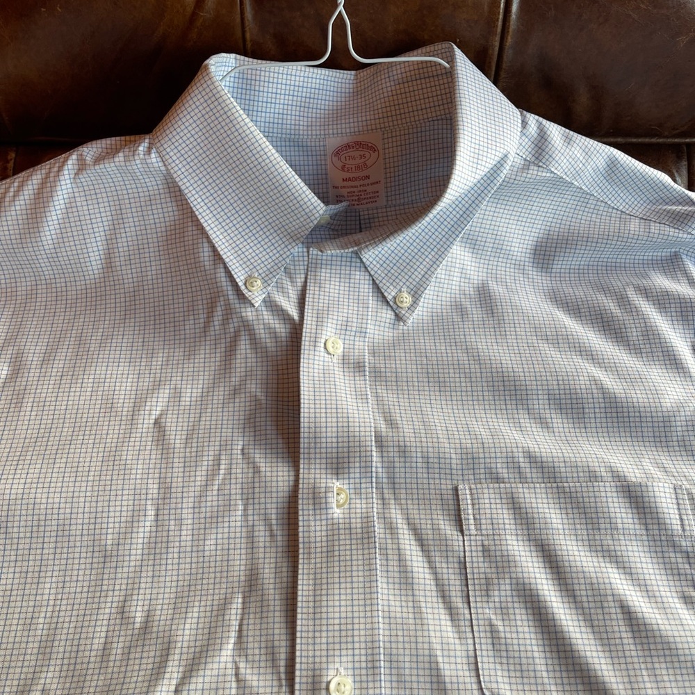 Brooks Brothers Men’s Button-Down Poplin Dress Shirt, Madison Fit, 17.5 x 35